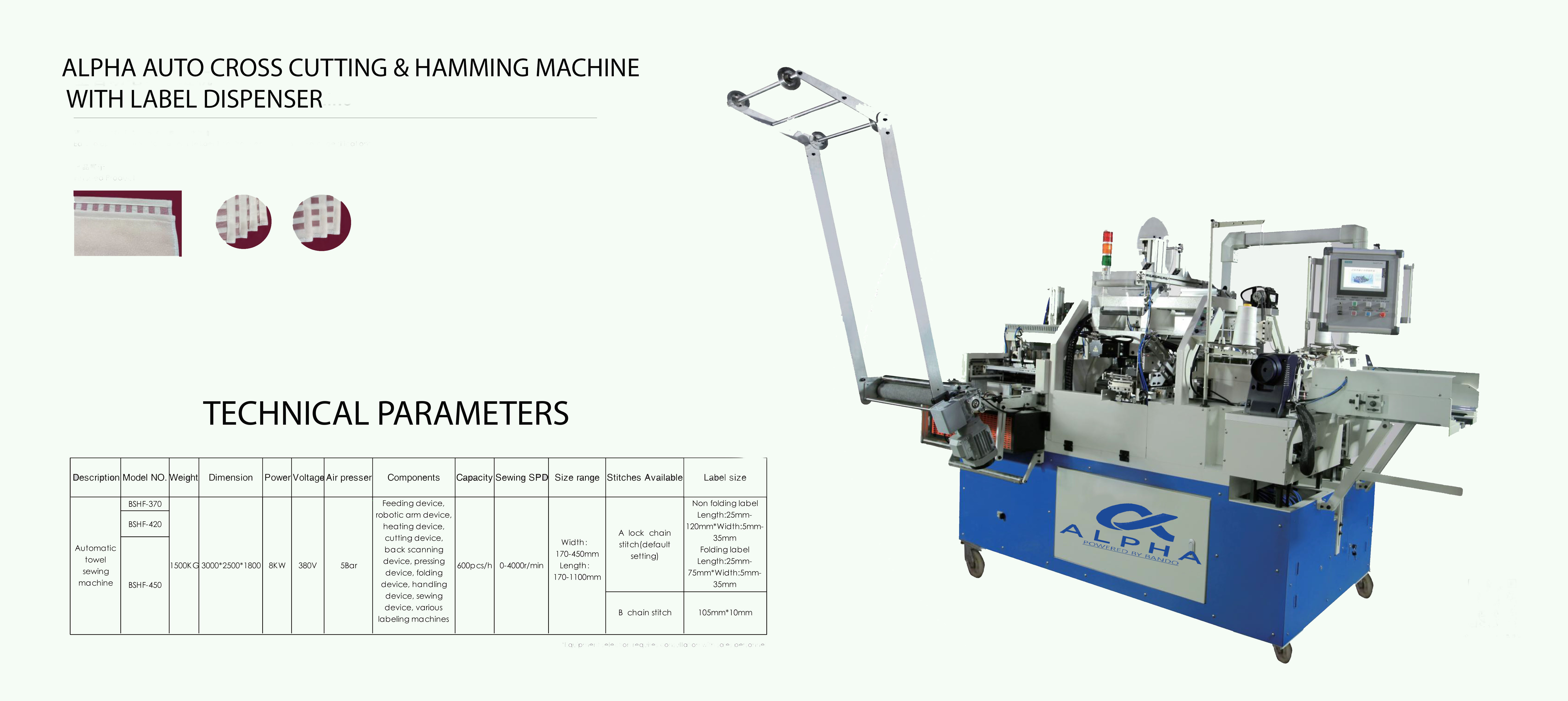 Alpha Auto Cross Hemming Machine in high volume towel manufacturing plant