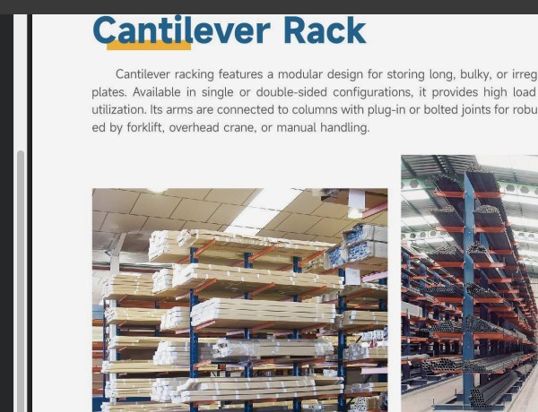 Heavy duty cantilever racking system storing textile fabric rolls